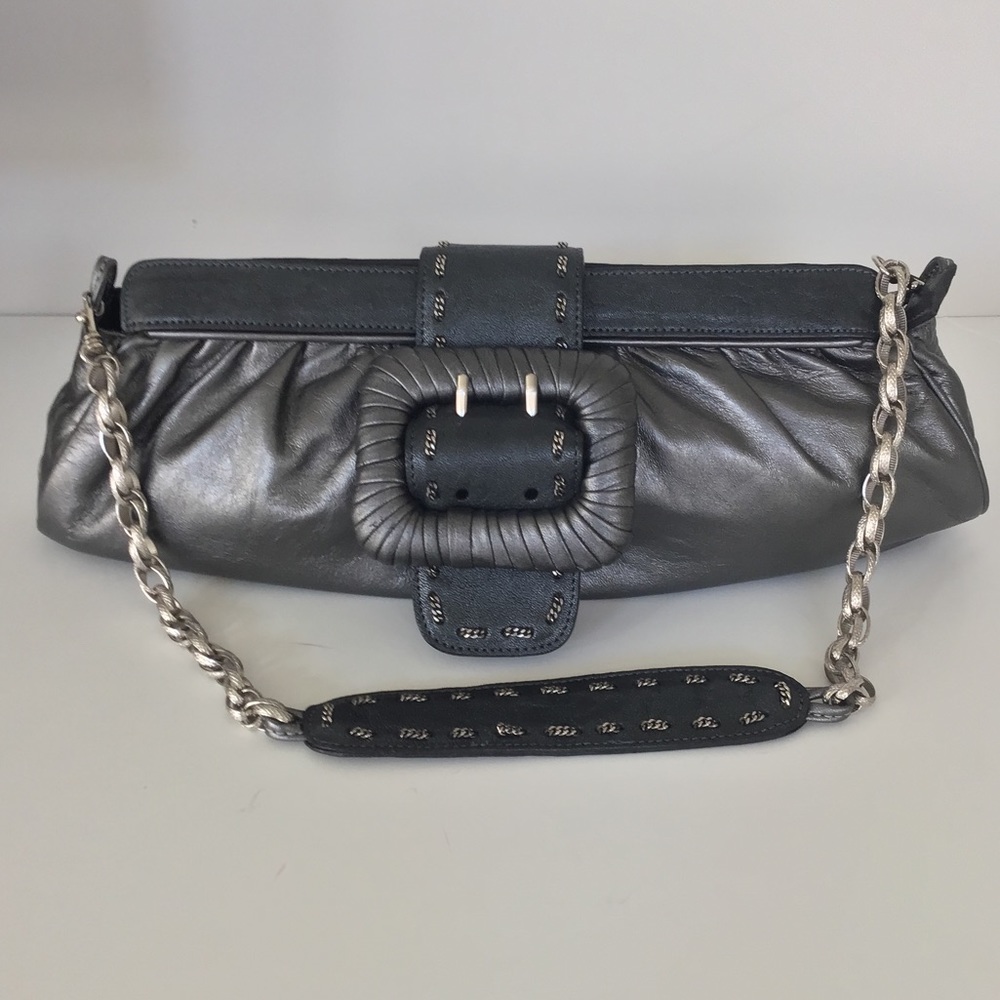 Be & D Silver Leather Shoulder Bag Purse Clutch NWOT